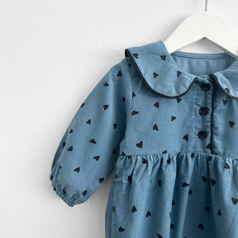 NWT Pretty Girls Long Sleeve One-Piece Romper Corduroy Blue /Black Hearts 9-12M - Picture 5 of 6